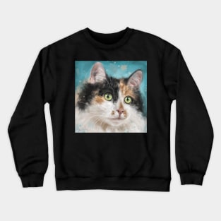 Painting of an Adorable Calico Tri-Color Cat with Gorgeous Green Eyes Crewneck Sweatshirt